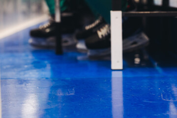 Hockey match game on ice rink arena stadium, team of ice hockey professional players with coach,...