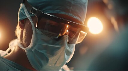 A man in a surgical mask and cap is focused on his task in a dimly lit operating room. The bright lights and sterile environment emphasize the man's commitment to patient care.