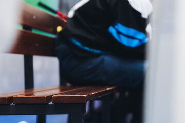 Hockey match game on ice rink arena stadium, team of ice hockey professional players with coach, stick and puck, team of hockey players in protective sport uniform training, hockey league championship