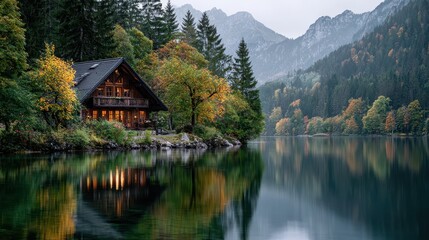 Fototapeta premium Scenic Lake House in Autumn with Reflections and Mountain Backdrop