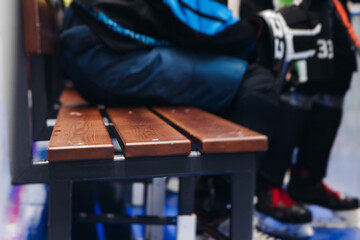 Hockey match game on ice rink arena stadium, team of ice hockey professional players with coach,...