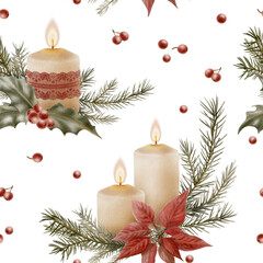 Christmas seamless pattern with cozy candles adorned with burgundy lace,fir branches,holly with red berries and red poinsettia flowers.Hand drawn illustration for xmas decor,background,wrapping paper