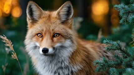 Fototapeta premium Portrait of a Red Fox with Intense Gaze Amidst Green Foliage