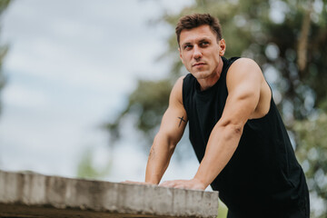 Obraz premium A fit man in a black sleeveless shirt leans on a concrete ledge outdoors, displaying a confident, focused look. Tattoos on his arms add a rugged vibe suitable for fitness, lifestyle, and motivation