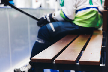Hockey match game on ice rink arena stadium, team of ice hockey professional players with coach, stick and puck, team of hockey players in protective sport uniform training, hockey league championship