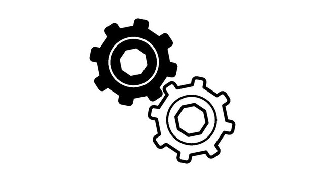 A simple black and white vector icon of two interlocking gears rotating together, symbolizing teamwork, mechanics, and an industrial process in motion