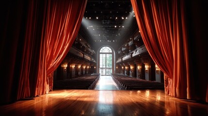 Grand Theater Stage with Red Curtains and Wooden Floor, Empty Seats