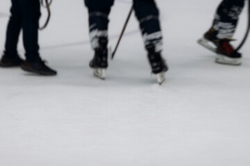 Hockey match game on ice rink arena stadium, team of ice hockey professional players with coach, stick and puck, team of hockey players in protective sport uniform training, hockey league championship