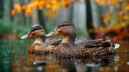 Obraz premium Two Mallard Ducks Swimming in a Pond During Autumn Season
