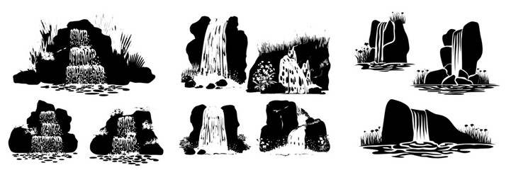 Obraz premium A white background isolates a modern cartoon illustration of a rocky waterfall where river water flows down a stone cascade amidst green grass and flowers on a hill