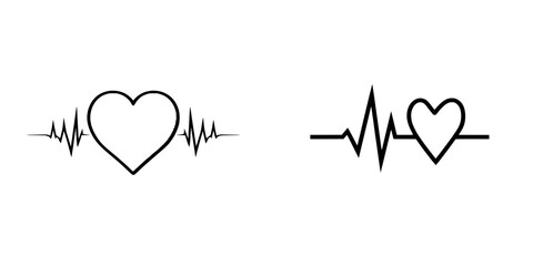 A flat design modern illustration featuring a heartbeat sign, pulse line, ECG, EKG cardiogram silhouette line icon, heart beat red graph icon, and heartbeat wave