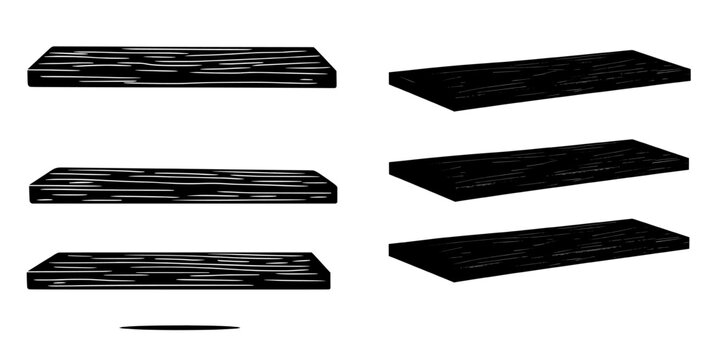 A modern and realistic illustration of a blank decorative wall shelf with an oak texture is set against a white background, featuring 3D wooden shelves