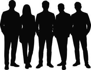 Human silhouettes of five standing against sunrise sky