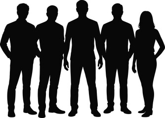 Human silhouettes of five standing against sunrise sky