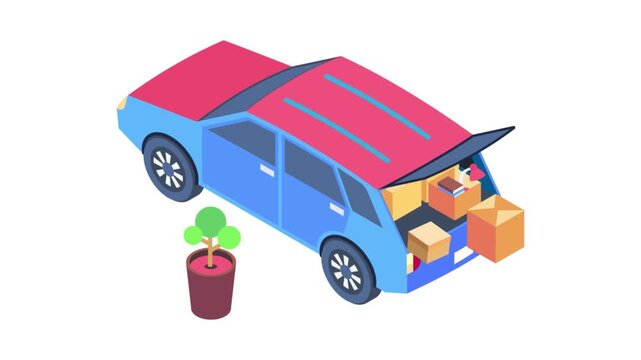  An illustrated car carrying boxes and a plant, conveying themes of travel and packing for a journey.