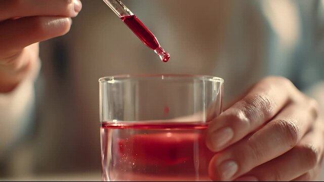 A woman uses a dropper to add red liquid to a clear glass filled with water, creating a captivating visual effect. The woman&rsquo;s careful actions demonstrate the precision needed in t
