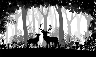 Wild Deer Silhouette in Misty Forest, Nature Wildlife Landscape Vector Background