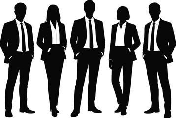 Human silhouettes of five standing against sunrise sky