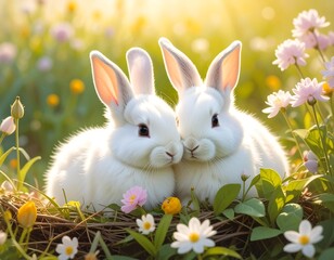 Two adorable white bunnies nestled in a field of flowers, springtime bliss