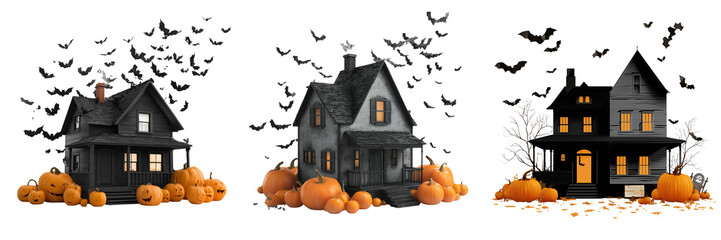 Set of Glowing jack-o’-lanterns lined up in front of a dark haunted house, eerie moonlight and cloudy night sky, digital painting illustration on transparent png background. Ai generated