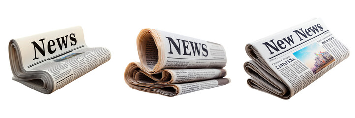 Set of Rolled business newspaper on white background, isolated mock-up, concept of daily news on transparent png background. Ai generated