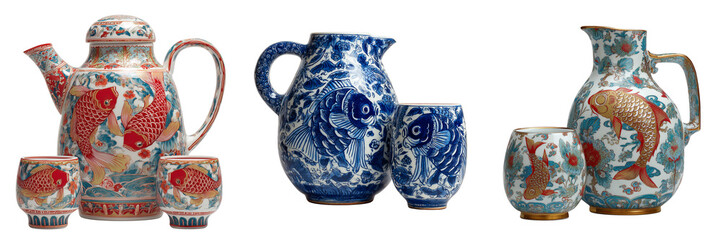 Set of Artistic view of a small antique Japanese porcelain pitcher in Kutani Mokubei style on transparent png background. Ai generated