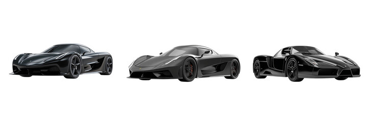 Set of Futuristic black sports car 3D model, rendered with realistic details on transparent png background. Ai generated