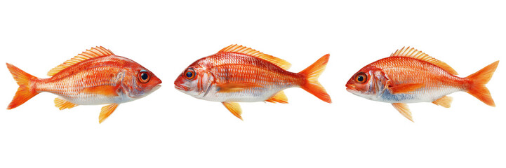 Set of Red snapper fish lying flat in side position on transparent png background. Ai generated