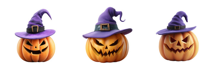 Set of Three smiling jack-o’-lantern pumpkins, 3D illustration, clean white background, soft lighting, Halloween decoration theme on transparent png background. Ai generated