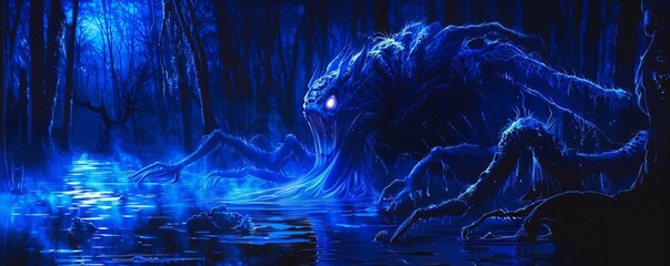 a blue monster walks through the swamp.