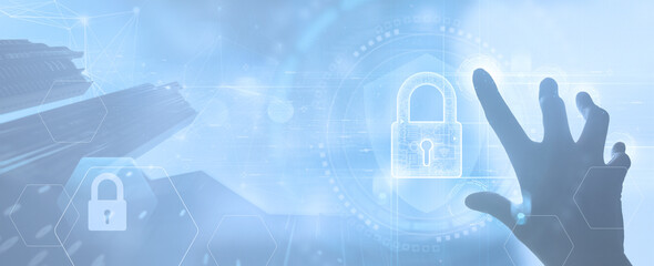 Cybersecurity concept with hand reaching toward digital padlock icon