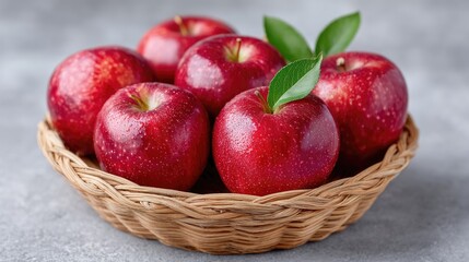 Close Up Photo Of Ripe Red Apples In A Woven Basket With Green Leaves On A Textured Gray Background With Natural Lighting
