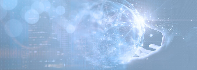 Hand holding glowing digital network sphere with futuristic connection lines