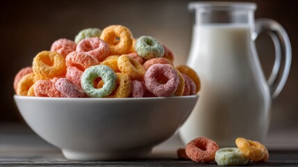 A bowl of colorful cereal next to a glass of milk