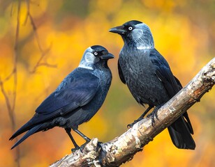 Two beautiful jackdaws perched on a branch in autumn season colorful background