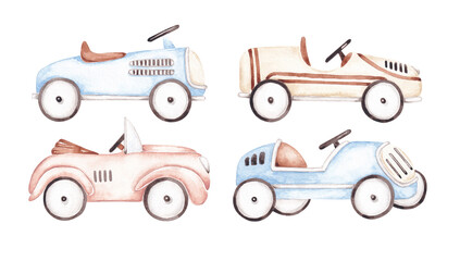 Naklejka premium Racing cars set hand drawn with watercolor. Retro automobiles clip art. Design elements for card, banner, invitation, logo