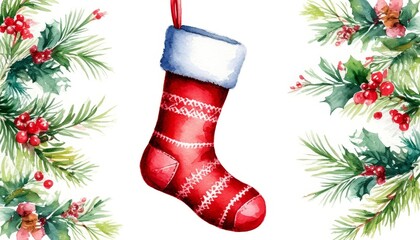 Red watercolor christmas stocking with white cuff and ornate patterns, holly garlands with bright red berries on a clean white background, festive and cozy sticker concept home decor and wall art