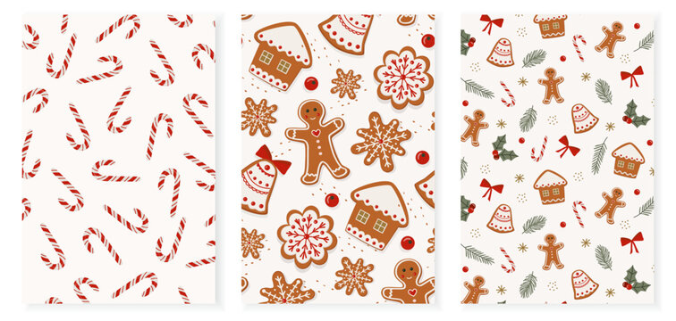 Seamless Christmas vector pattern set with gingerbread cookies, houses, candy canes, holly berries, bows, bells, and pine branches. Perfect for holiday wrapping, festive decor, packaging, and fabric