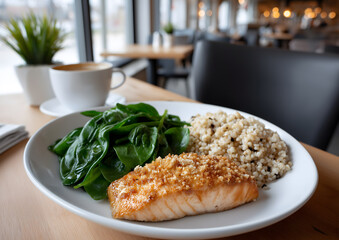 Healthy meal with salmon, spinach, and grains served in modern cafe