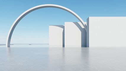 3d render of abstract modern concrete architecture background, Minimal circle geometry architectural design, Car presentation backdrop with empty concrete floor, Geometric white blocks building design