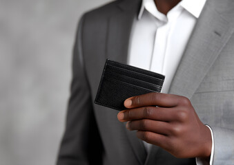 Businessman in gray suit holding black leather card holder, finance and corporate concept
