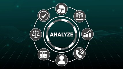 Circular diagram with icons representing analysis process and business finance legal and communication elements
