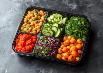 Colorful meal prep box with chickpeas, cucumbers, herbs, and vegetables on dark textured table