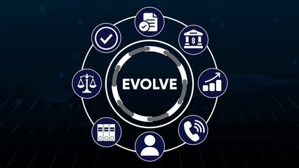 Circular diagram with icons representing business concepts and the word E V O L V E in the center circle