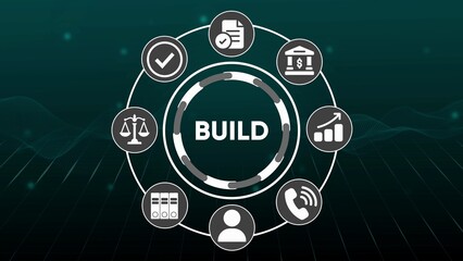 Circular diagram with icons representing business processes and the word B U I L D in the center build
