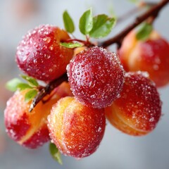 Fresh Apricots on the Branch Covered in Water Droplets, Close-up Still Life
