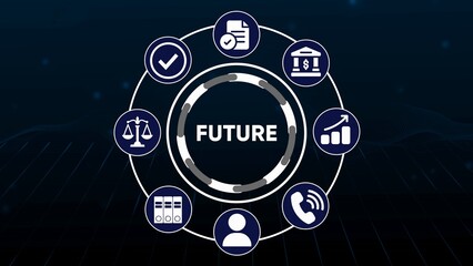 Circular diagram with icons representing future business concepts on a dark blue digital background circle