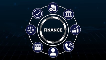 Circular infographic with finance icons and text F I N A N C E on dark blue background circle business