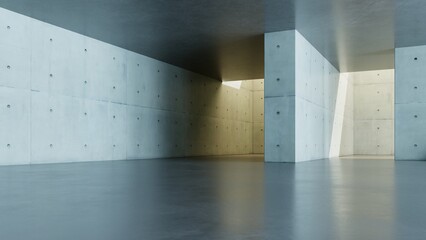 3d render of abstract concrete architecture background, Minimal geometry architectural design, Car presentation backdrop with empty concrete floor and wall