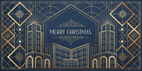 Art deco style merry Christmas greeting card with golden geometric patterns and stylized buildings on a dark blue background.